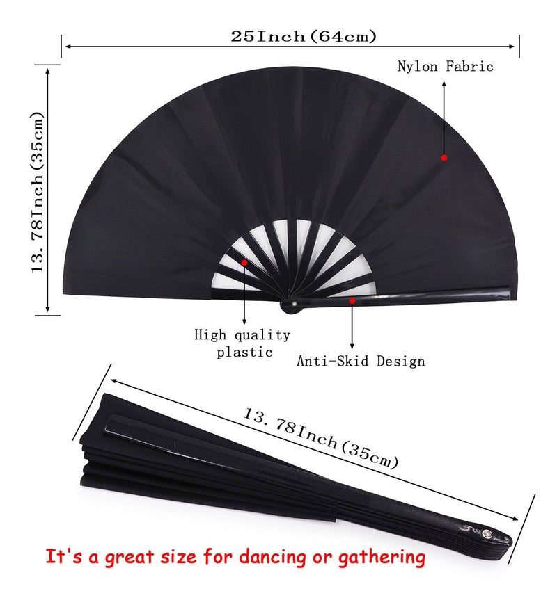 Amajiji Large Folding Fan, Chinease/Japanese Folding Nylon-Cloth Hand Fan, Women Hand Folding Fans Hand Fan Gift fan Craft fan Folding Fan Dance Fan (Black) - Image 2
